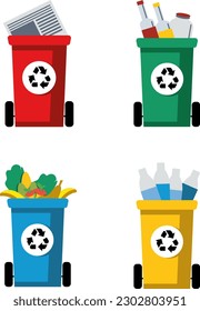 Ecology Infographic elements vectorSeparating and recycling garbage. Waste segregation. Sorting garbage,Waste sorting by material and type,
separate garbage collection, colored trash cans 
eps10  
