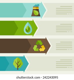 Ecology infographic with environment, green energy and pollution icons.