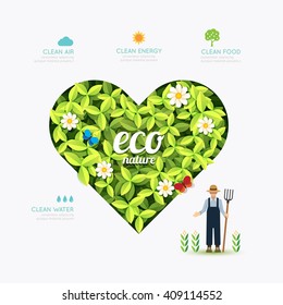 Ecology infographic green heart shape with farmer template design.save nature concept vector illustration / graphic or web design layout.