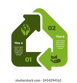 Ecology infographic. Sustainability home logo. Renewable energy. 2 steps arrows diagram. Green house. Environmental care. Recycle innovations. Eco friendly building. Nature icon. Smart technology.