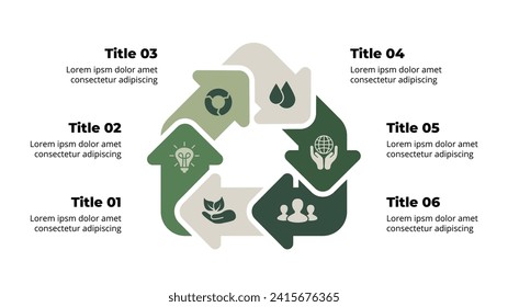 Infografía ecológica. Hogar sustentable. Energía renovable. diagrama de flechas de 6 pasos de partes. Casa verde. Atención al medio ambiente. Reciclando la innovación. Edificio acogedor. Logo del icono de la naturaleza. Tecnología inteligente