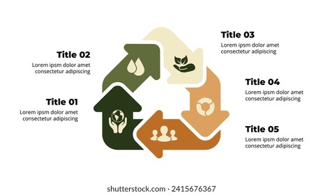 Ecology infographic. Sustainable home. Renewable energy. 5 parts arrows diagram. Green house. Environment care. Recycling innovation. Eco-friendly presentation template. Nature logo. Smart technology