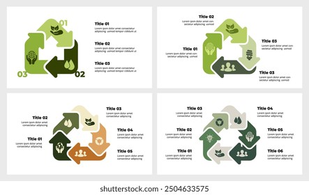 Infografik zur Ökologie. Nachhaltiges Zuhause. Erneuerbare Energien. Diagramm mit 3, 4, 5, 6 Pfeilen. Grünes Haus. Umweltpflege Innovationen wiederverwenden. Umweltfreundliche Immobilien. Symbol-Logo "Natur". Intelligente Technologie