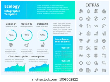 Plantilla de infografía ecológica, elementos e iconos. Infograph incluye gráficos personalizables, tres opciones, conjunto de iconos de línea con recursos de energía verde, ciclo ambiental, agua y energía solar, etc.