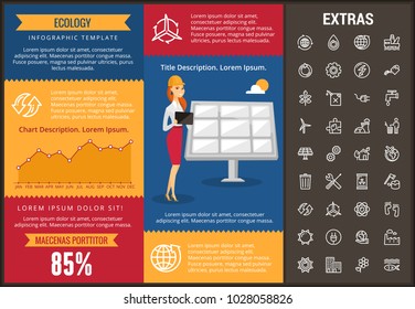 Infografische Vorlage, Elemente und Symbole zur Ökologie. Infograph beinhaltet individuell anpassbare Diagramme, Grafiken, Liniensymbole mit Ressourcen von grüner Energie, Umweltkreislauf, Wasser- und Sonnenenergie, Fabrik etc.