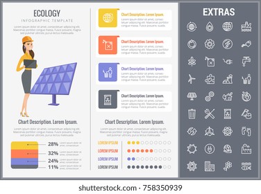 Ecology infographic template, elements and icons. Infograph includes customizable charts, graphs, line icon set with resources of green energy, environmental cycle, water and sun power, factory etc.