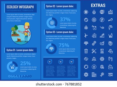 Ecology infographic template, elements and icons. Infograph includes customizable graphs, charts, line icon set with resources of green energy, environmental cycle, water and sun power, factory etc.