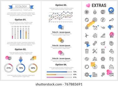 Plantilla de infografía ecológica, elementos e iconos. Infograph incluye gráficos personalizables, cuatro opciones, conjunto de iconos de línea con recursos de energía verde, ciclo ambiental, agua y energía solar, etc.