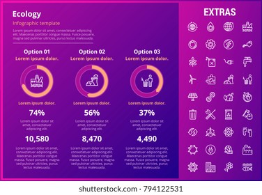Ecology infographic template, elements and icons. Infograph includes customizable graphs, three options, line icon set with resources of green energy, environmental cycle, water and sun power etc.