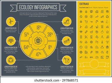 Ecology infographic template and elements. The template includes the following set of icons - gas pump, electrical plug, underwater fish, factory, car with charger, pin map and more. Modern
