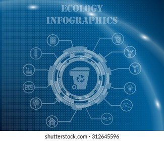 Ecology Infographic Template From Technological Gear Sign, Lines and Icons. Elegant Design With Transparency on Blue Checkered Background With Light Lines and Flash on It. Vector Illustration.   