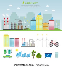 Ecology infographic vector elements illustration and environmental risks and pollution. City life background set.