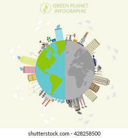 Ecology infographic vector elements illustration and environmental risks and pollution. City life background set.