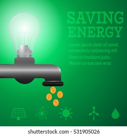Ecology infographic.Luminous bulb on kitchen bathroom faucet on green luminous background with Alternative energy resource logos-solar panel,fusion power,solar electricity,wind turbine,hydro energy.
