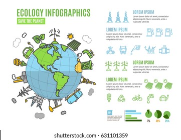 Ecology Infographics Banner Menu Card Speichern Sie die Planet Concept Care Green World und Ressourcen. Vektorgrafik