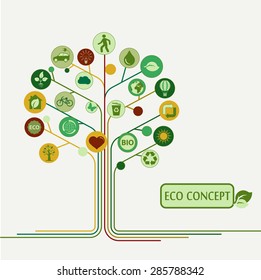 Ecology infographics elements, icons on a  tree concept, bio, organic, vector illustration