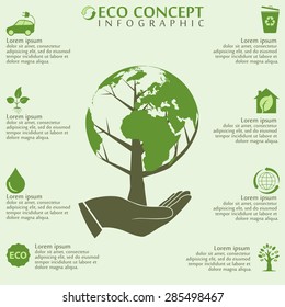 Ecology infographics elements, world globe and tree concept, Ecology info graphic bio organic web image, Ecology infographic vector illustration, Greet Tree info-graphics, Ecology infographic template