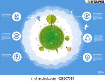 Ecology infographics. Environmental template with flat icons, protection and pollution. Go green. Save the planet. Earth Day. Creative concept of Eco Technology. Vector illustration. 