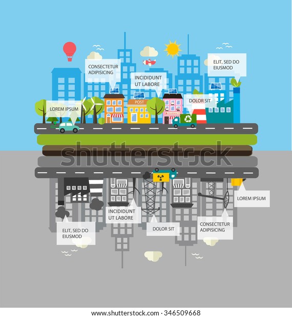 Ecology infographics with green city and dirty city,\
vector 