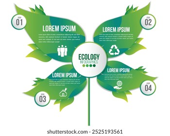 Ecología infografía verde ambiente amigable con la hoja y mapa del mundo diseño de Vector layout.Recycle elemento del sistema de crecimiento sostenible.Green concepto con 4 opciones, partes, pasos o puntos.