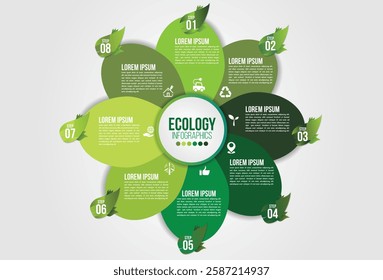 Ecology infographics green friendly environment with leaf and world map vector design layout.Recycle system element sustainable growth.Green concept with 8 options, parts, steps or points.