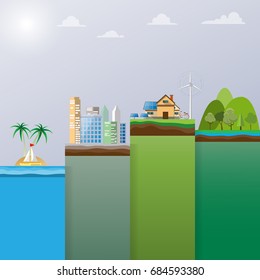 Ecology infographics with nature landscape flat design.Environment conservation concept design.Vector illustration.