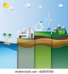 Ecology infographics with nature landscape.Environment conservation concept design.Vector illustration.