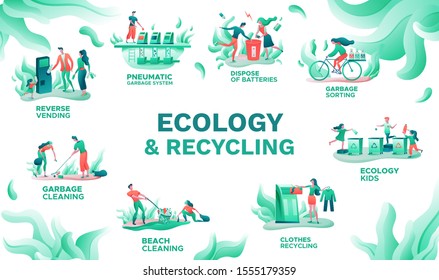 Ecology infographics set, vector illustration with garbage sorting, clothes recycling, trash disposal, cartoon people cleaning nature, flat vector background