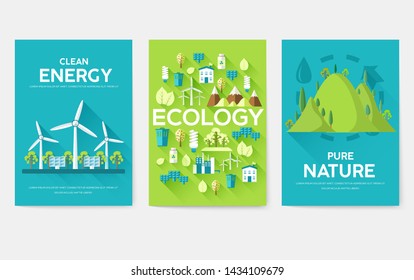 Ecology information cards set. Ecological template of flyear, magazines, posters, book cover, banners. Eco infographic concept  background. Layout illustrations modern pages with typography
