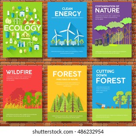 Ecology information cards set. Ecological template of flyear, magazines, posters, book cover, banners. Eco infographic concept  background. Layout illustrations modern pages with typography text