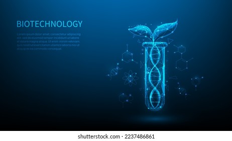 ecology innovation biotechnology  on blue dark background. vector illustration fantastic hi tech design. plant in test tube low poly wireframe. biological dna technology. scientific growth seedlings.