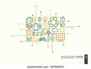 Símbolos de línea delgada integrados ecológicos. Concepto vectorial de estilo lineal moderno, con iconos de diseño plano conectados. Ilustración para conceptos ecológicos, energéticos, medioambientales, verdes, reciclables, biológicos y globales.