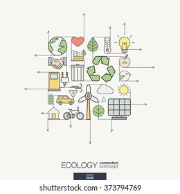 Ecology integrated thin line symbols. Modern color style vector concept, with connected flat design icons. Illustration for eco friendly, energy, environment, green, recycle, bio and global concepts.