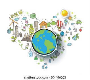 Ecology integrated thin line symbols. Modern color with hand drawn style vector concept, with the Globe