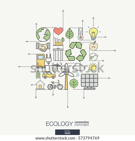 Ecology integrated thin line symbols. Modern color style vector concept, with connected flat design icons. Illustration for eco friendly, energy, environment, green, recycle, bio and global concepts.