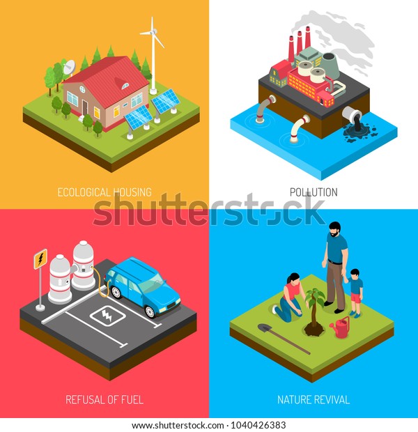 Ecology isometric design concept with eco\
housing, industrial pollution, refusal of fuel, nature revival\
isolated vector\
illustration