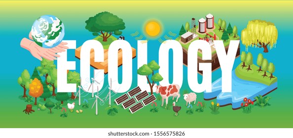 Ecology isometric horizontal banner header title lettering with forests water solar panels renewable energy resources vector illustration   