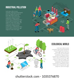 Ecology isometric horizontal banners with industrial pollution, green energy, eco transport bicycle, nature rescue isolated vector illustration