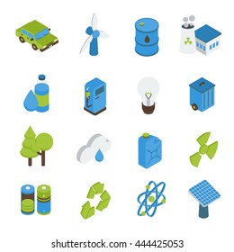 Ecology isometric icons set with electric car bio fuel green energy forests recyclable sign isolated vector illustration