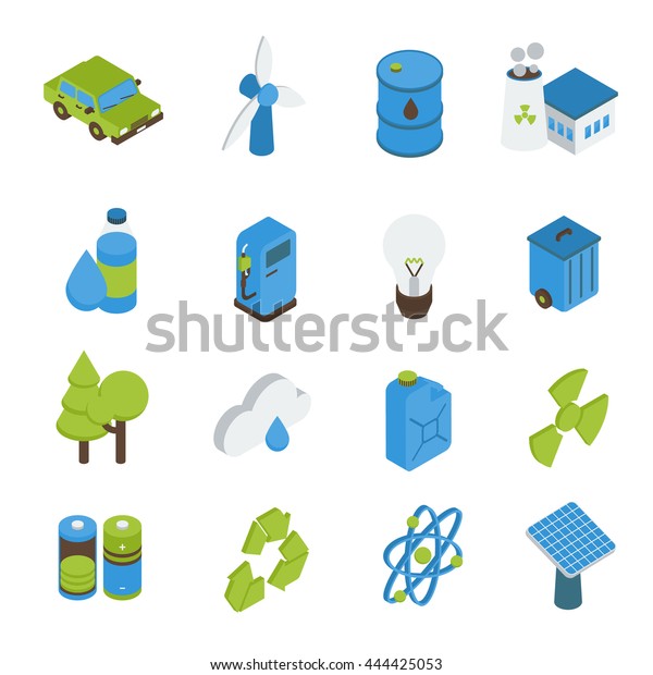 Ecology\
isometric icons set with electric car bio fuel green energy forests\
recyclable sign isolated vector\
illustration