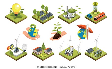 Ökologische isometrische Symbole zum Thema umweltfreundlicher Planet und umweltfreundliches Haus einzeln auf weißem Hintergrund, Vektorgrafik