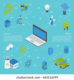 Ecology isometric infographics with computer green energy factory batteries on blue background with flat signs vector illustration