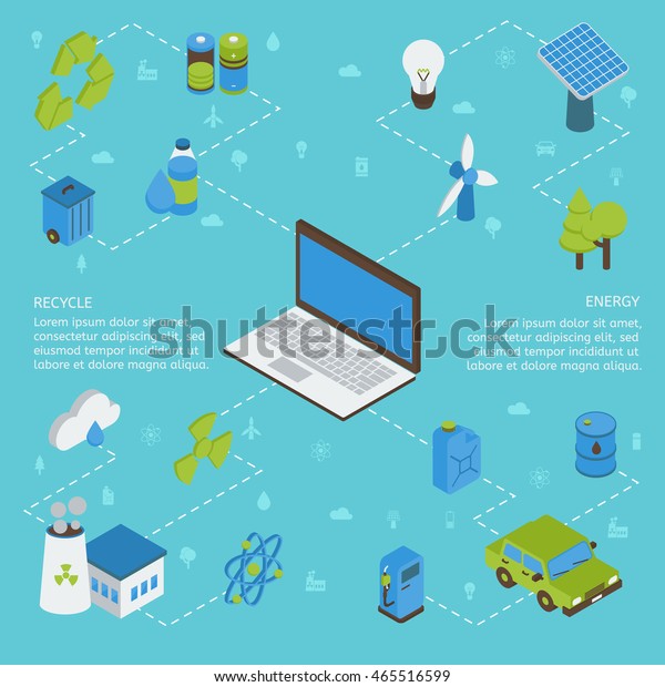 Ecology isometric infographics with computer\
green energy factory batteries on blue background with flat signs\
vector illustration