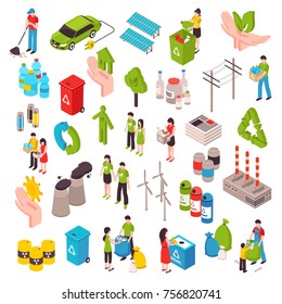 Ecology isometric set with people involved in cleaning environment waste bags solar panels wind turbines isolated vector illustration    