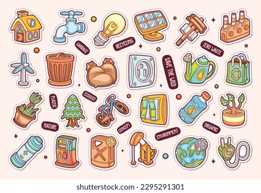 Ecology Items Sticker Icons Hand Drawn Coloring Vector