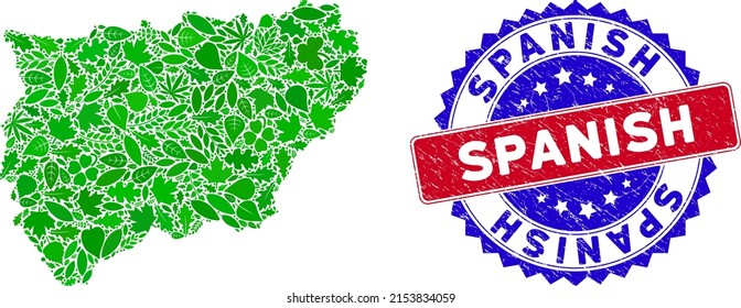 Ecology Jaen Spanish Province map collage of herbal leaves in green color tinges with grunge bicolor Spanish seal stamp. Red and blue bicolored imprint with rubber texture and Spanish phrase.