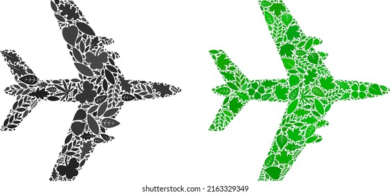 Composición de ícono de plano de chorro ecológico de hojas de hierbas en variaciones de color verde y natural. Plantilla de vector de entorno ecológico para el icono de avión de reacción.