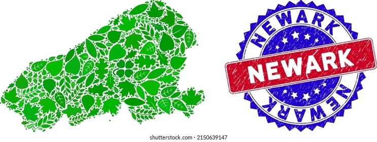 Ecology Kahoolawe Island map mosaic of floral leaves in green color tints and grunge bicolor Newark stamp. Red and blue bicolored imprint with grunge texture and Newark tag.