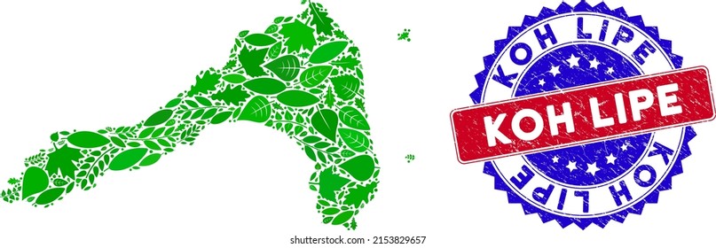 Ecology Koh Lipe map mosaic of floral leaves in green color tinges with grunge bicolor Koh Lipe seal. Red and blue bicolored seal with grunge style and Koh Lipe phrase.