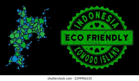 Ecology Komodo Island map collage of herbal leaves and water dews, and ECO FRIENDLY reward stamp. Komodo Island map is constructed from green herbal items and blue water dews.